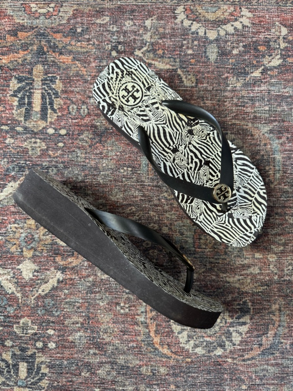 Tory Burch Zebra Print Platform Wedge Rubber Flip Flops Gold Metal Logo 7